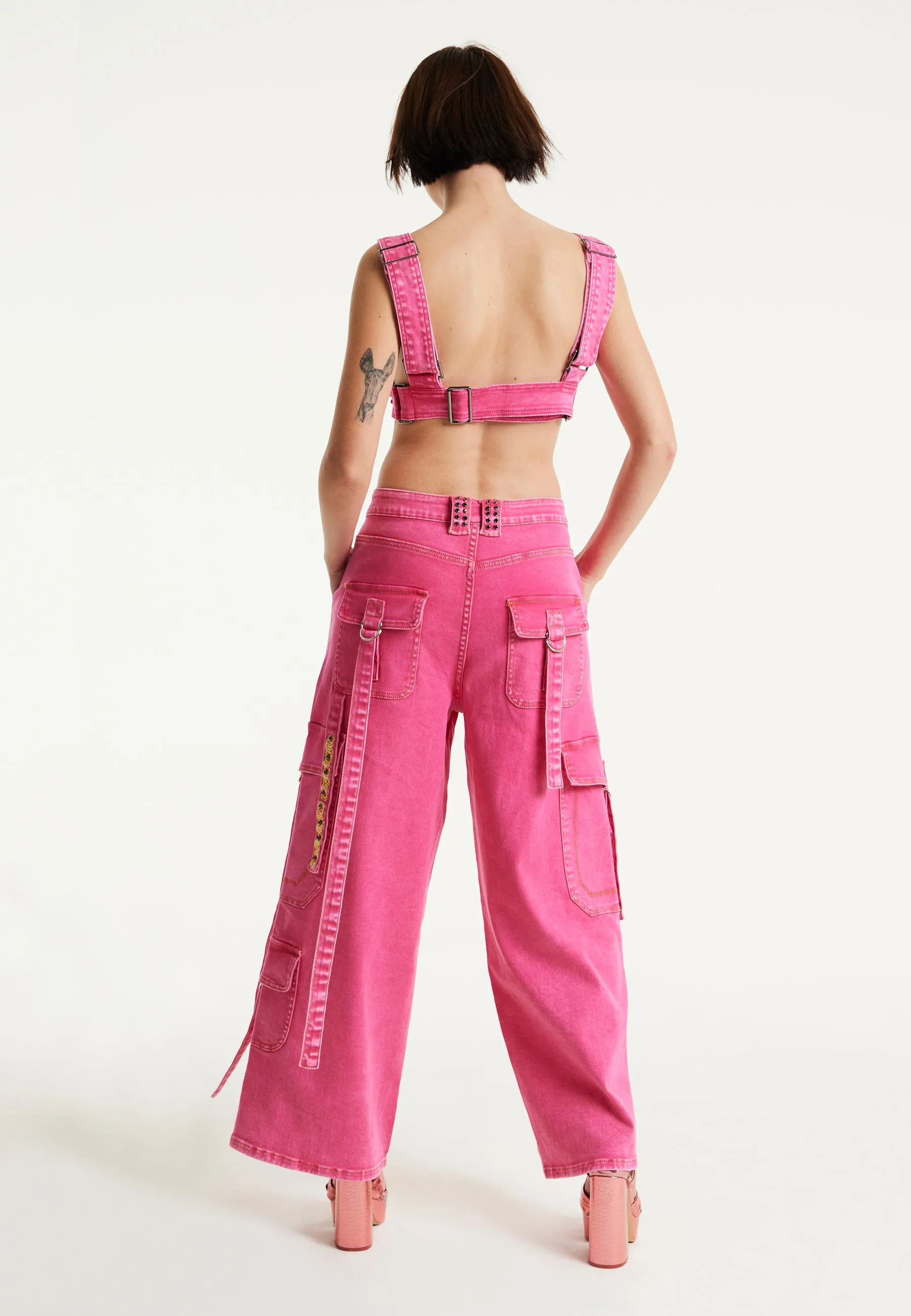 House of Holland Hot Pink Denim Wide Leg Cargo Trousers