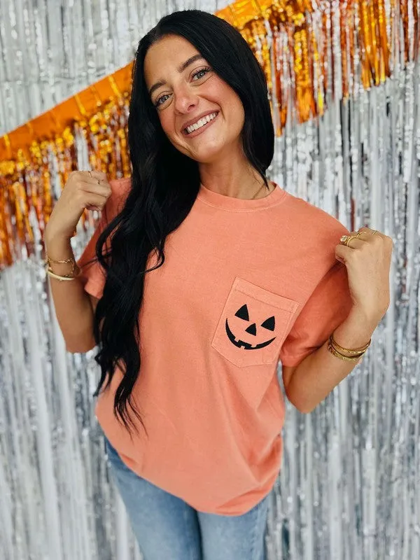 Jack-o-lantern Cute Embroidered Pocket Tee