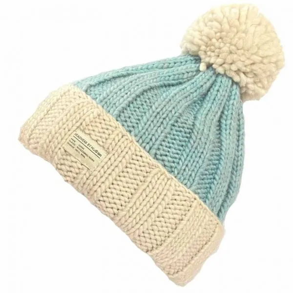 Kusan - Moss Yarn Bobble Hat Turn Up - Grey Aqua