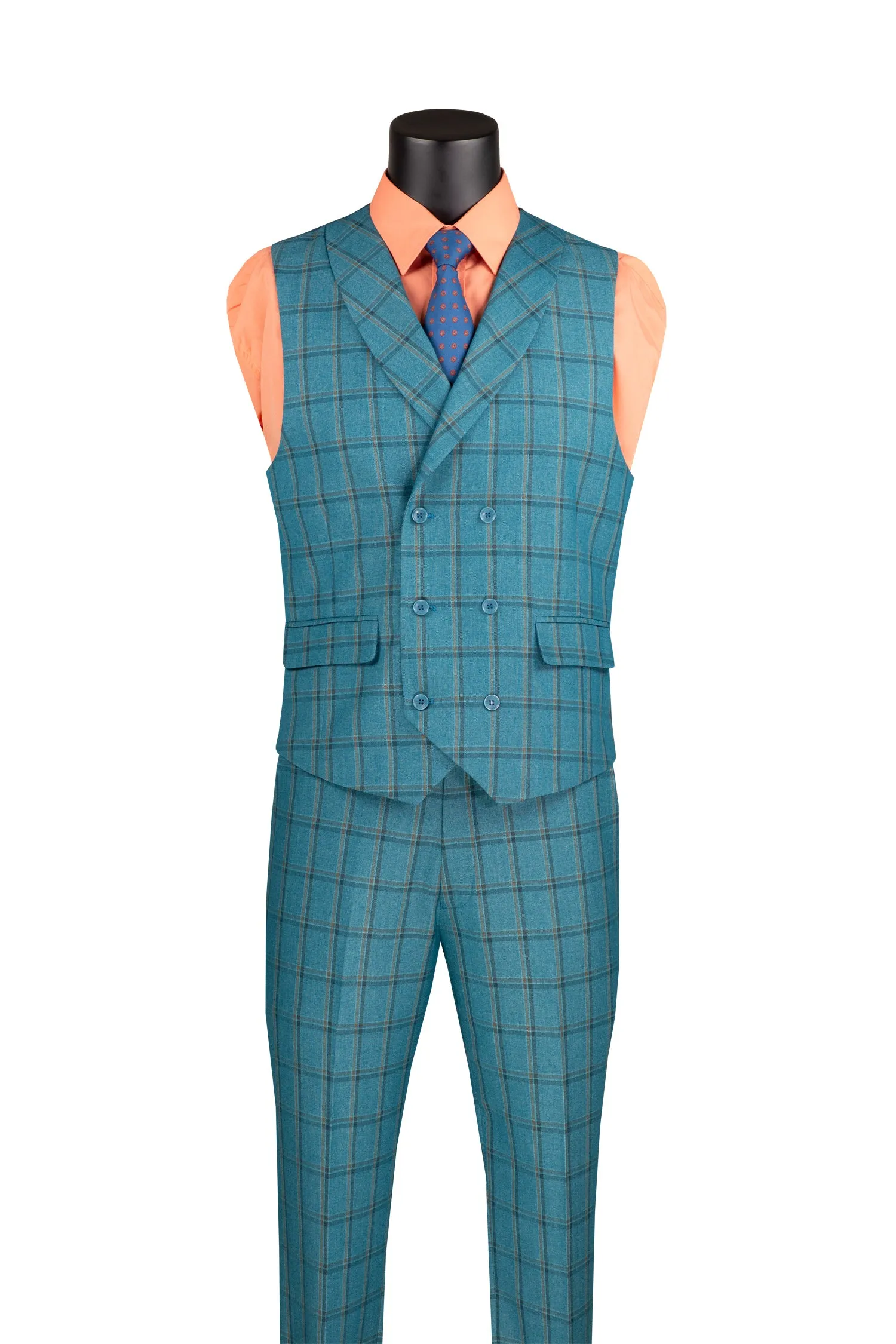 La Scale Collection-Windowpane Three Piece Suit - Teal