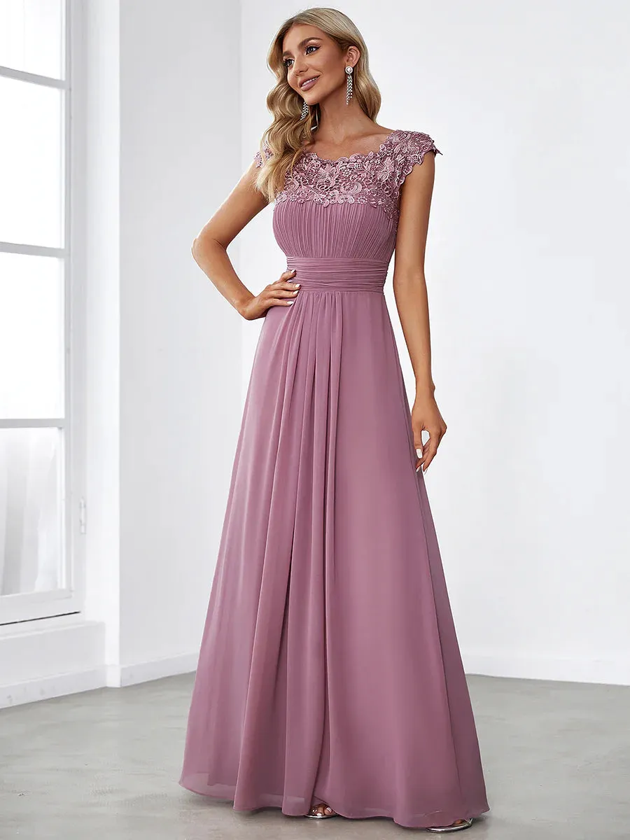 Lacey Neckline Open Back Ruched Bust Formal Dresses