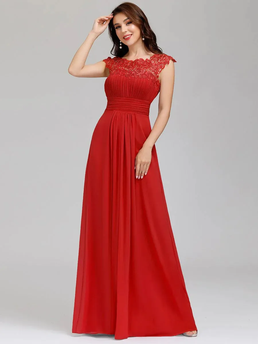 Lacey Neckline Open Back Ruched Bust Formal Dresses