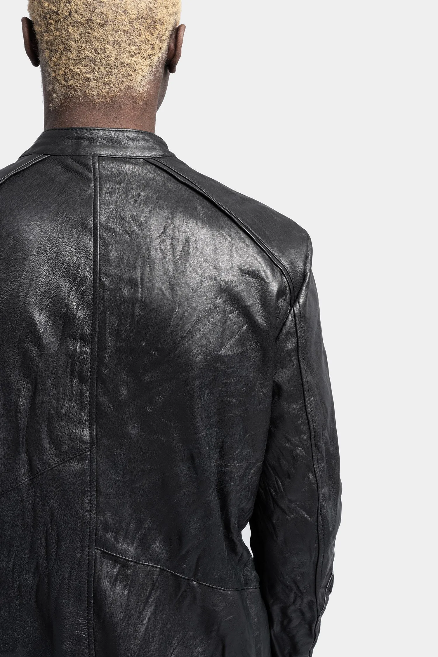 Mandarin collar leather jacket