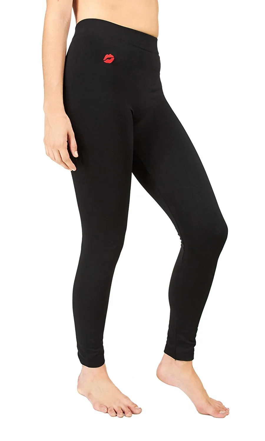 Marilyn Monroe Womens Ladies Fleece Lined Footless Black Leggings With Lip Embroidery (See More Sizes)