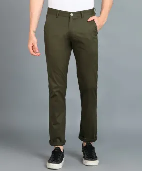 Men's Dark Green Cotton Light Weight Non-Stretch Slim Fit Casual Trousers