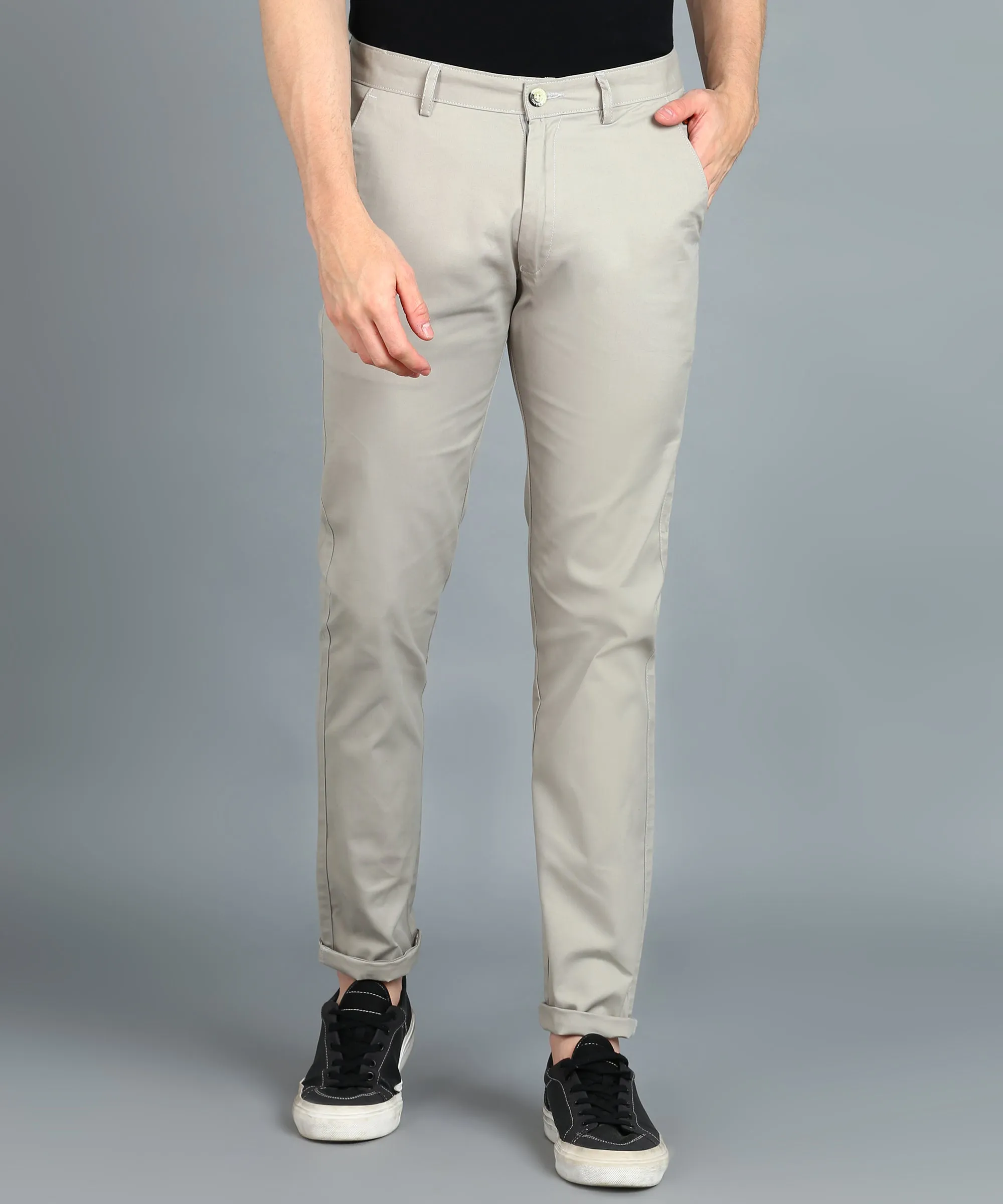 Men's Grey Cotton Light Weight Non-Stretch Slim Fit Casual Trousers