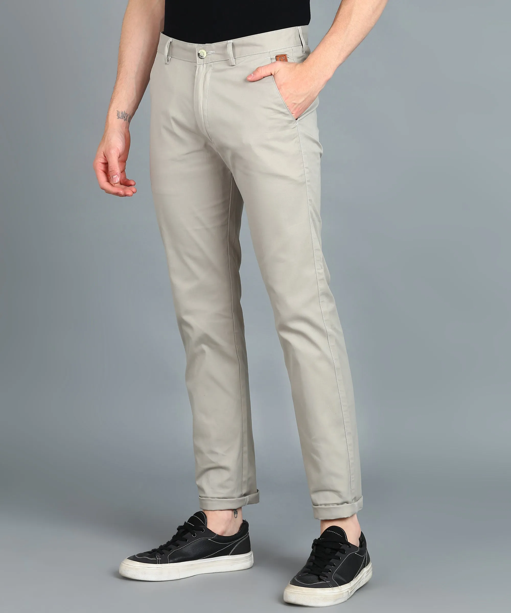 Men's Grey Cotton Light Weight Non-Stretch Slim Fit Casual Trousers