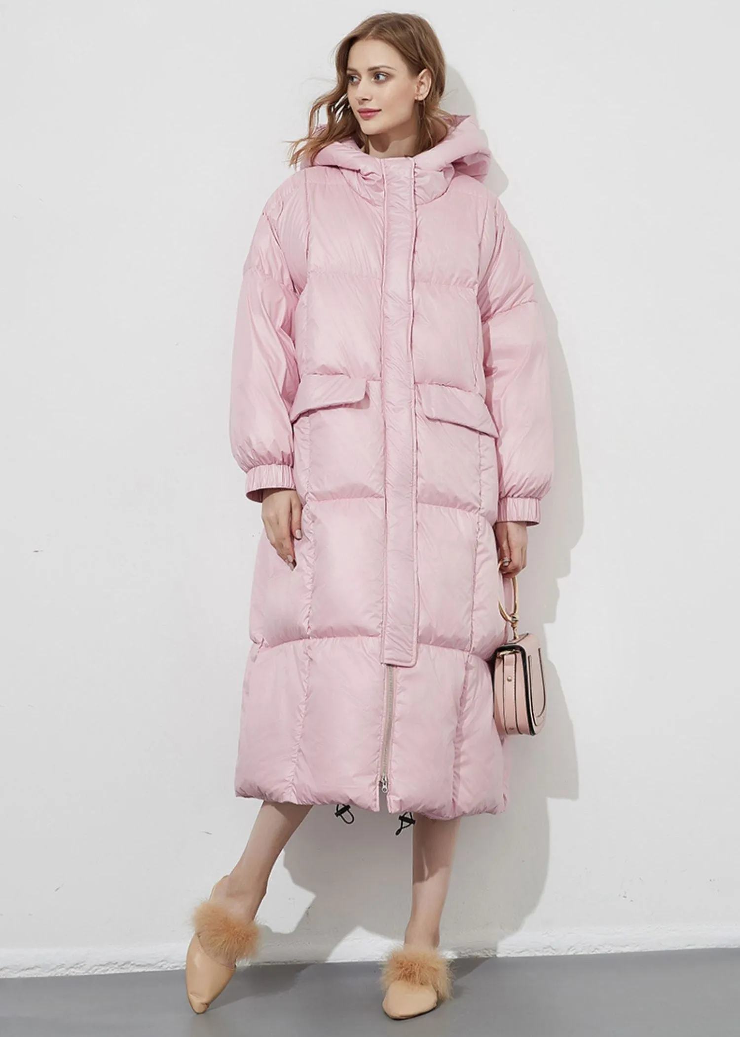 Pink Hooded Down & Feather Fill Puffer Long Coat