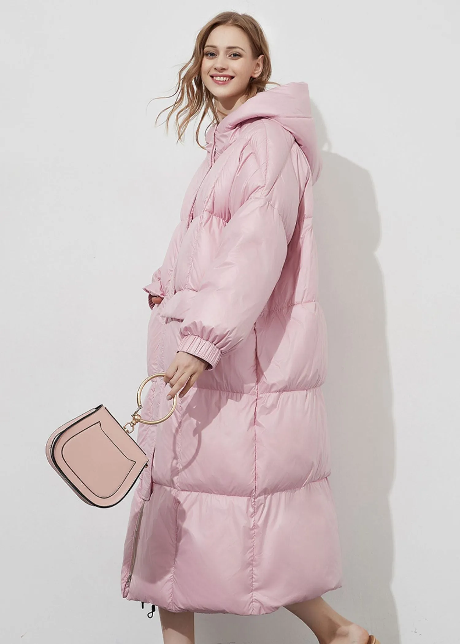 Pink Hooded Down & Feather Fill Puffer Long Coat