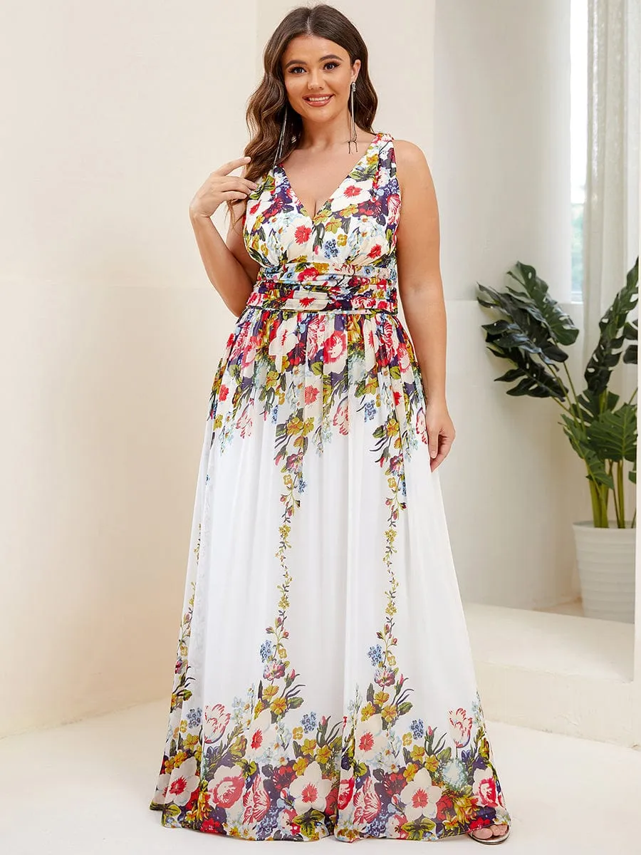 Plus Size Sleeveless V-Neck Chiffon Semi Formal Maxi Dress