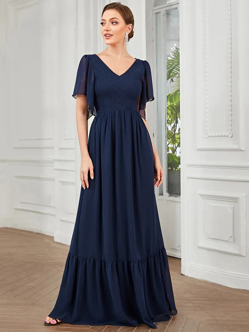 Simple V Neck Short Ruffles Sleeves A Line Evening Dresses