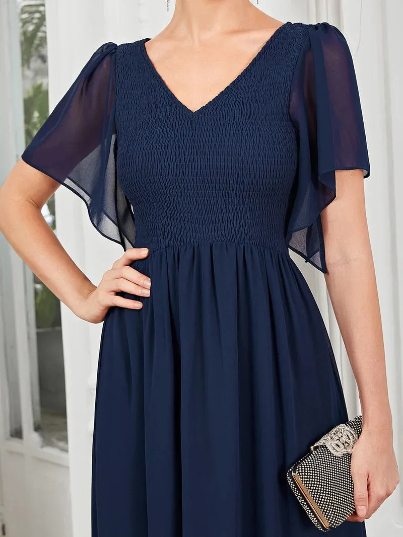 Simple V Neck Short Ruffles Sleeves A Line Evening Dresses