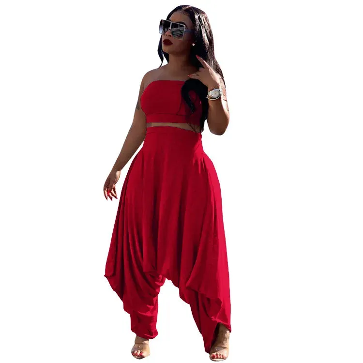 Solid Color Tube Top Harem Pants Two-Piece Set