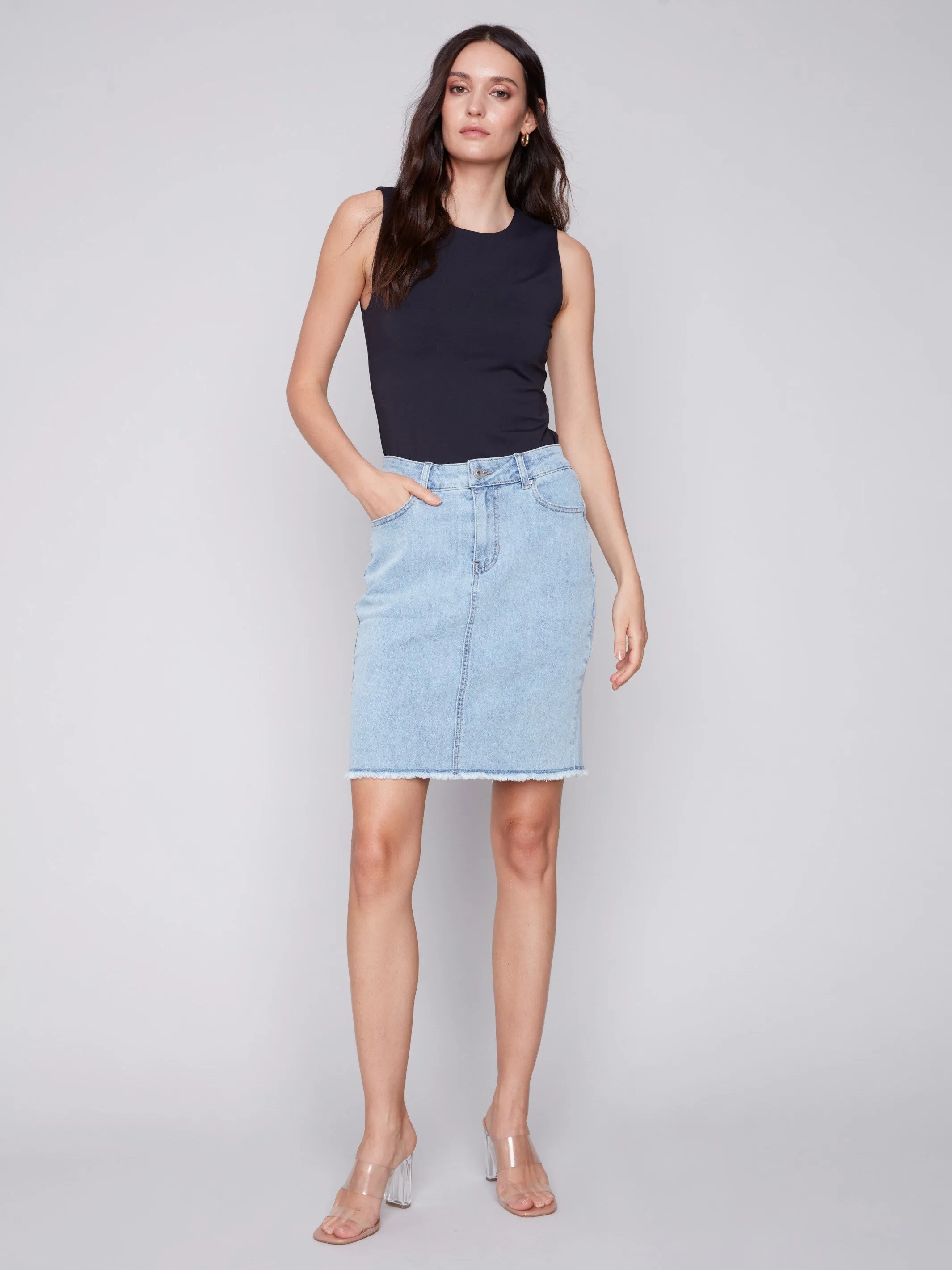 Stretch Denim Skort with Frayed Hem - Bleach Blue