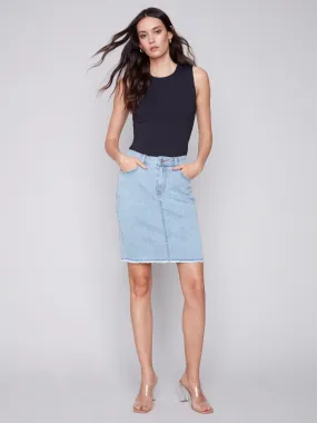 Stretch Denim Skort with Frayed Hem - Bleach Blue