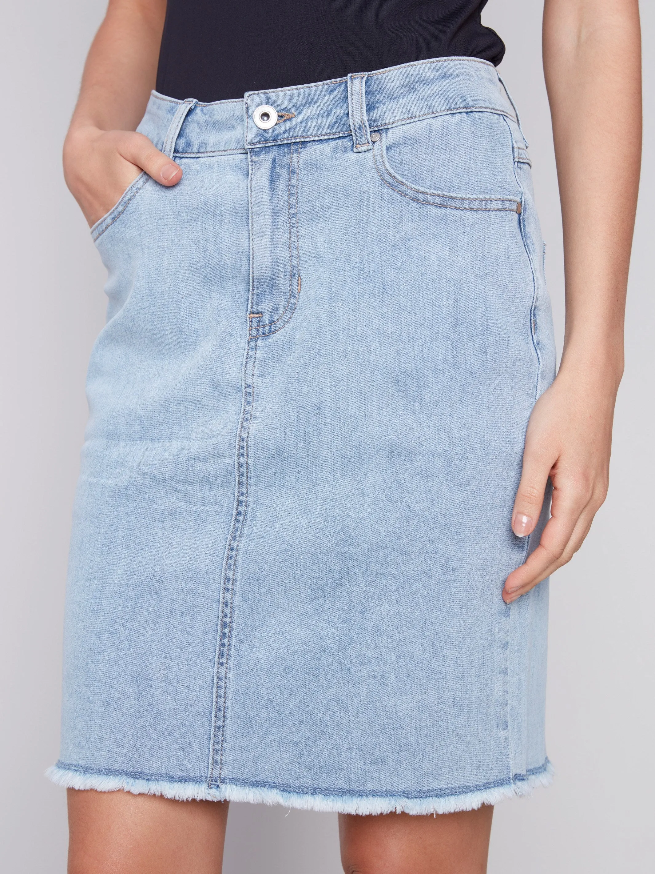 Stretch Denim Skort with Frayed Hem - Bleach Blue