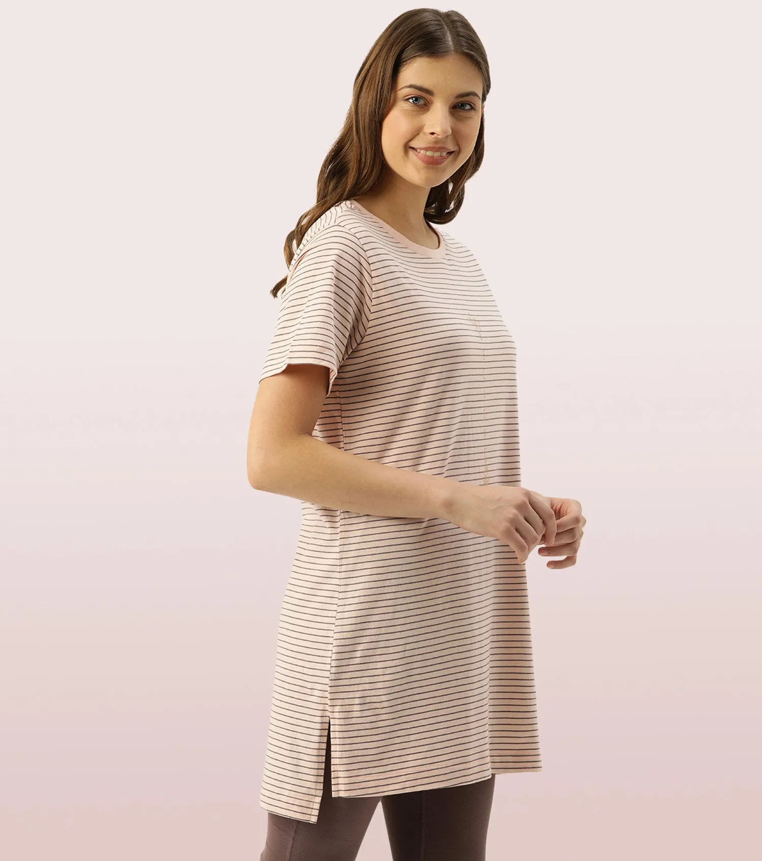 Tunic Tee - Striped | Short Sleeve Tunic Tee With Side Slit & Mindful Graphic