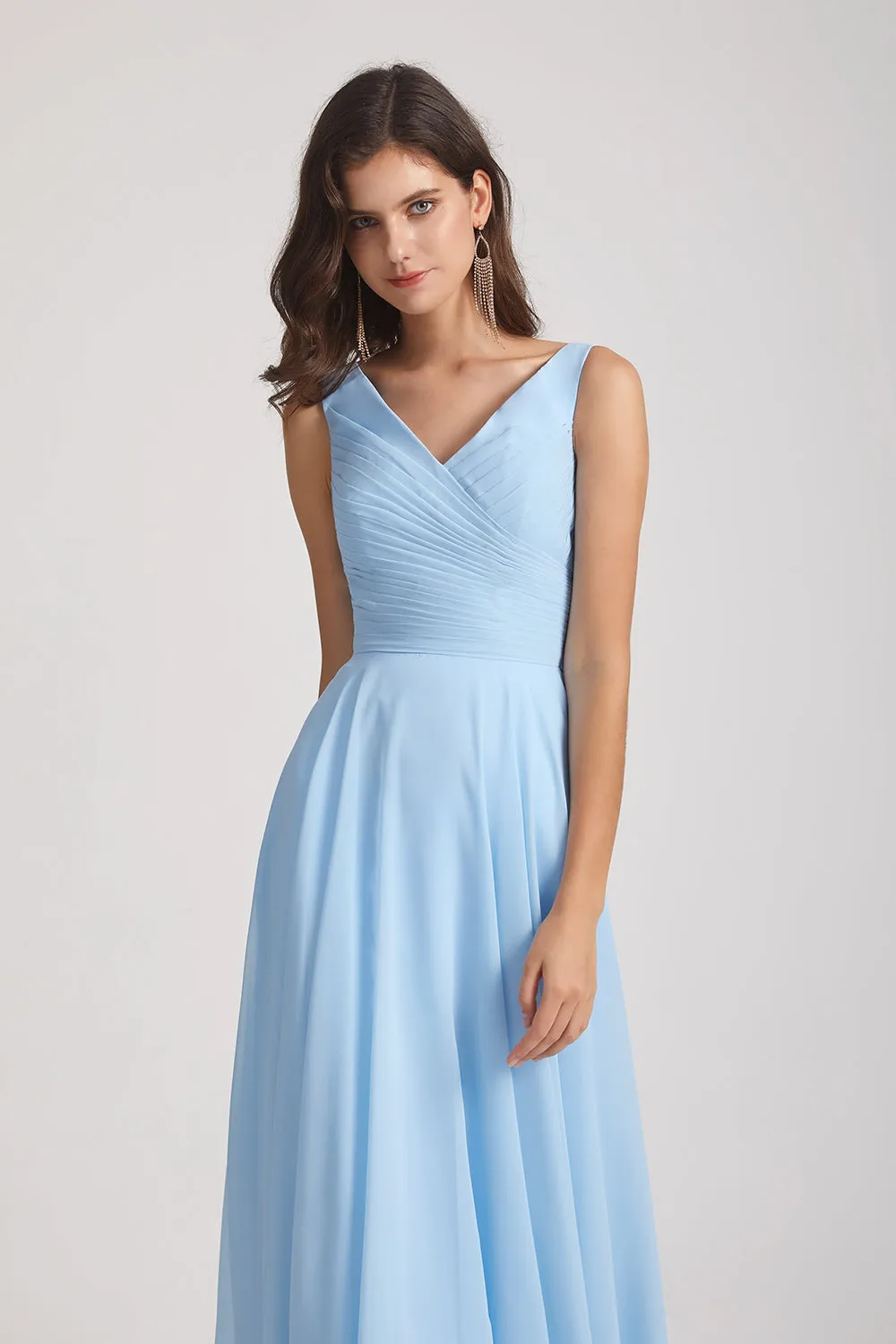 V-Neck Sleeveless Pleated Chiffon Bridesmaid Dresses with Back Tie (AF0145)