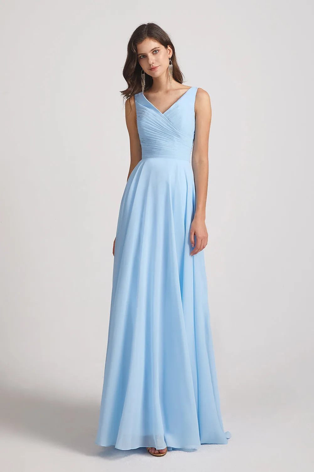 V-Neck Sleeveless Pleated Chiffon Bridesmaid Dresses with Back Tie (AF0145)