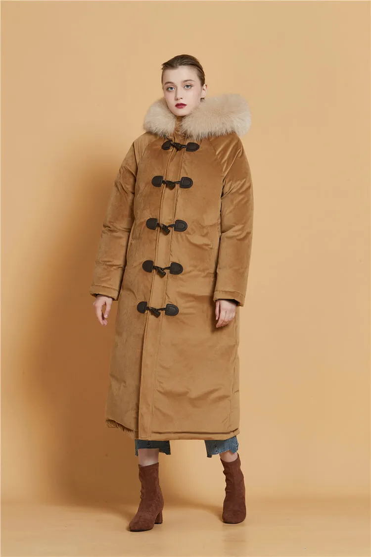 Velvet Hooded Fur Tickened Down Puffer Toggle Long Coat